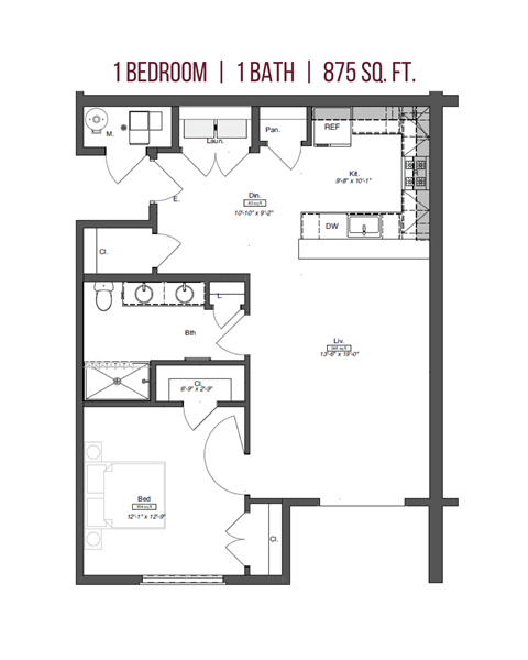 Floor plan for 1 bed, 1 bath, 1036 sqft